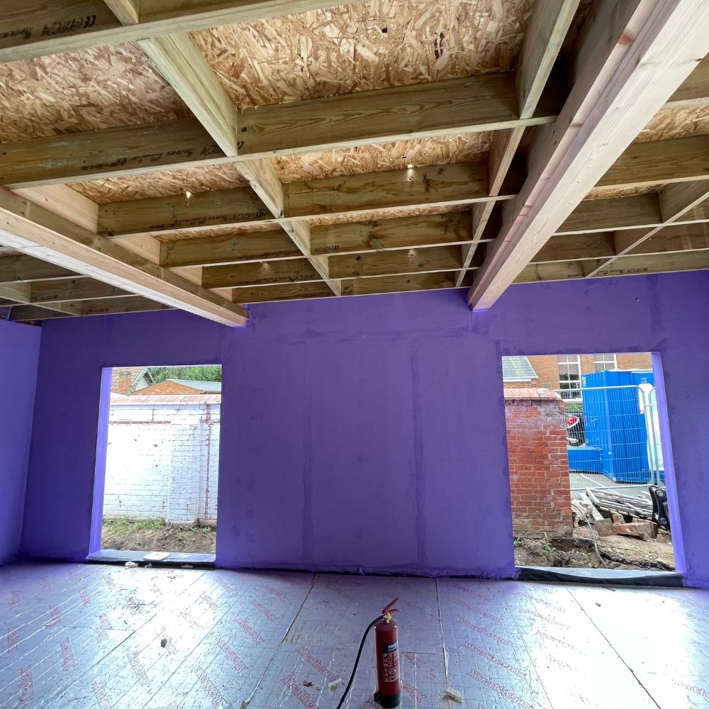 Passivhaus standard school construction with Passive Purple Brush applied to critical junctions for superior airtightness.